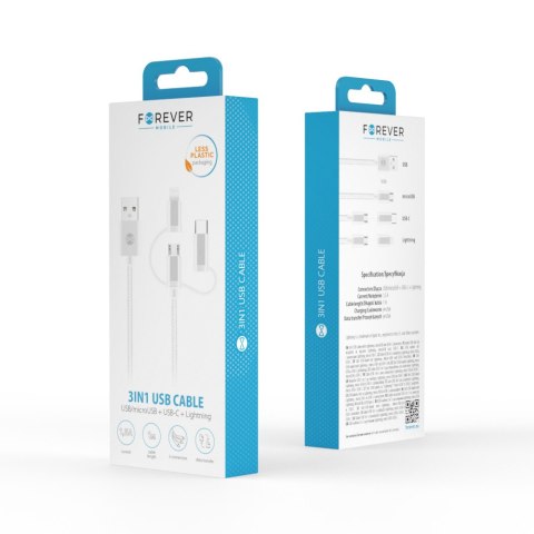Forever kabel 3w1 USB - Lightning + USB-C + microUSB 1,0 m 1,5A biały