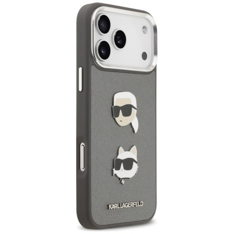 Karl Lagerfeld nakładka FW Grained Karl & Choupette Heads Pins & Logo do iPhone 17 Pro Max szara