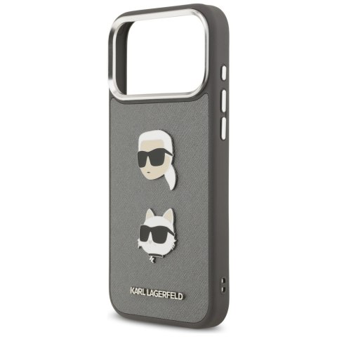Karl Lagerfeld nakładka FW Grained Karl & Choupette Heads Pins & Logo do iPhone 17 Pro Max szara