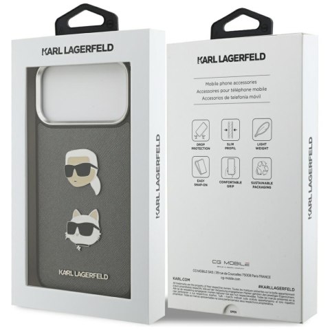 Karl Lagerfeld nakładka FW Grained Karl & Choupette Heads Pins & Logo do iPhone 17 Pro Max szara