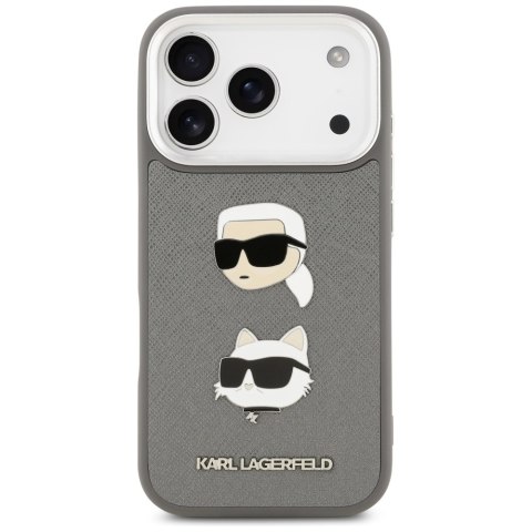 Karl Lagerfeld nakładka FW Grained Karl & Choupette Heads Pins & Logo do iPhone 17 Pro szara