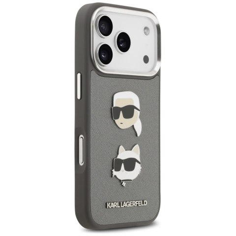 Karl Lagerfeld nakładka FW Grained Karl & Choupette Heads Pins & Logo do iPhone 17 Pro szara