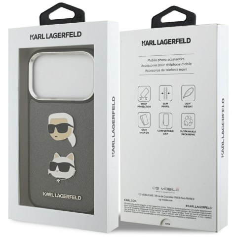 Karl Lagerfeld nakładka FW Grained Karl & Choupette Heads Pins & Logo do iPhone 17 Pro szara