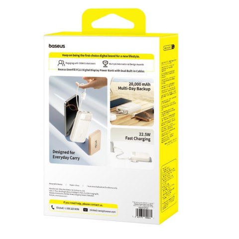 Baseus EnerFill FC11 Power Bank z Wyświetlaczem Cyfrowym i Podwójnym Kablem 22.5W 20000mAh Biały