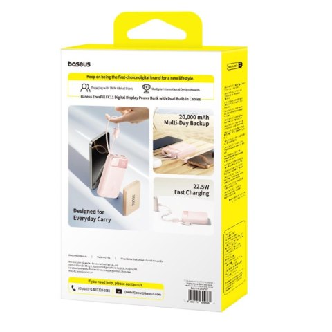 Baseus EnerFill FC11 Power Bank z Wyświetlaczem Cyfrowym i Podwójnym Kablem 22.5W 20000mAh Różowy