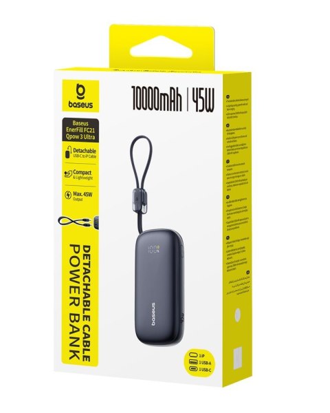 Baseus EnerFill FC21 Qpow 3 Ultra Power Bank z Wyświetlaczem Cyfrowym i Odłączanym Kablem 45W 10000mAh Czarny