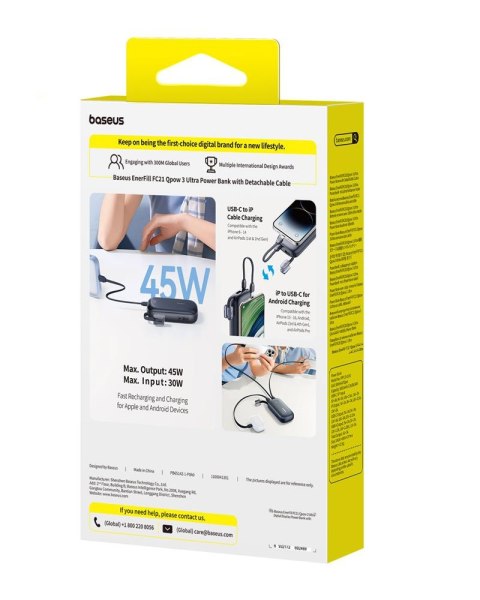 Baseus EnerFill FC21 Qpow 3 Ultra Power Bank z Wyświetlaczem Cyfrowym i Odłączanym Kablem 45W 10000mAh Czarny