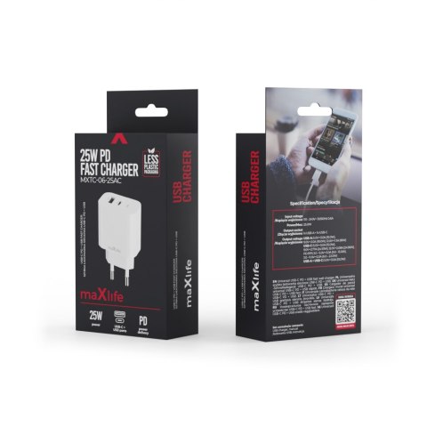 Maxlife ładowarka sieciowa PD QC MXTC-06-25AC 1x USB-C 1x USB 25W biała