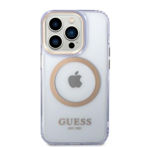 Guess nakładka do iPhone 14 Pro 6,1" GUHMP14LHTCMU fioletowa HC Magsafe Gold Outline Translucent
