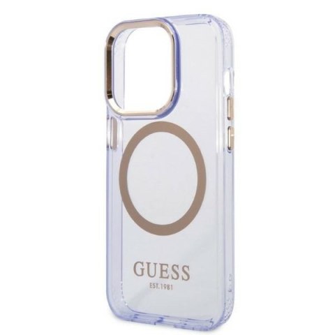 Guess nakładka do iPhone 14 Pro 6,1" GUHMP14LHTCMU fioletowa HC Magsafe Gold Outline Translucent