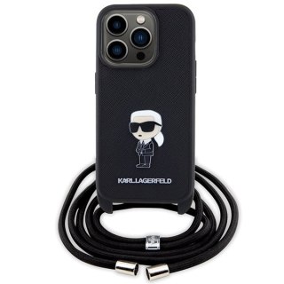 Karl Lagerfeld nakładka do iPhone 15 Pro 6,1" KLHCP15LSASKNPSK czarna HC Saffiano Ikonik Metal Pin Monogram Crossbody