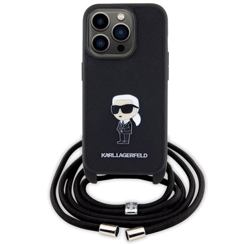 Karl Lagerfeld nakładka do iPhone 15 Pro 6,1" KLHCP15LSASKNPSK czarna HC Saffiano Ikonik Metal Pin Monogram Crossbody