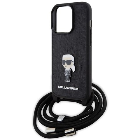 Karl Lagerfeld nakładka do iPhone 15 Pro 6,1" KLHCP15LSASKNPSK czarna HC Saffiano Ikonik Metal Pin Monogram Crossbody