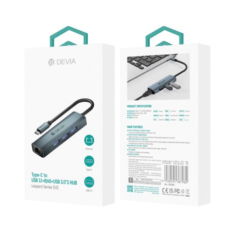 Devia adapter HUB 4w1 EC621 USB-C 3.1 do 3x USB 3.0 + RJ45 ciemnoszary