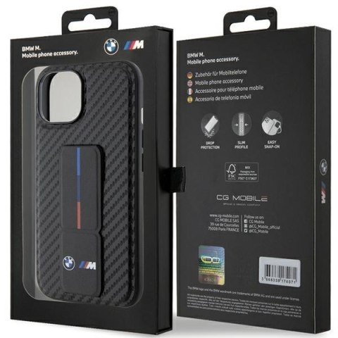 BMW nakładka do iPhone 15 6,1" BMHCP15SGSPCCK czarna HC GRIP STAND PU SMOOTH AND CARBON