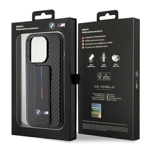 BMW nakładka do iPhone 15 Pro 6,1" czarna BMHCP15LGSPCCK M HC GRIP STAND PU SMOOTH AND CARBON