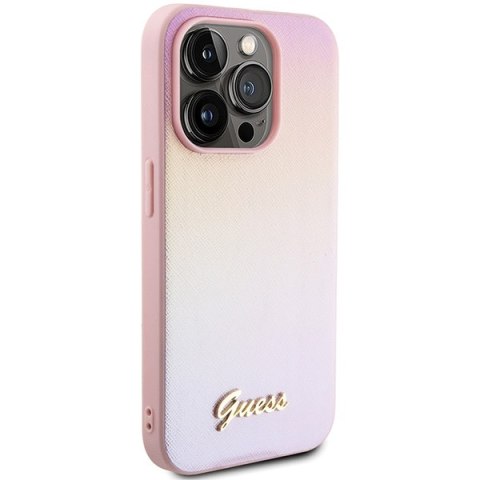 Guess nakładka do iPhone 15 Pro 6,1" GUHCP15LPSAIRSP różowa HC PU SAFFIANO IRIDESCENT SCRIPT