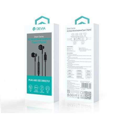 Devia słuchawki przewodowe Smart M2 Digital Metal USB-C douszne czarne