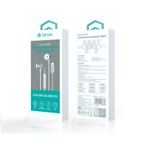 Devia słuchawki przewodowe Smart M2 Digital Metal USB-C douszne srebrne