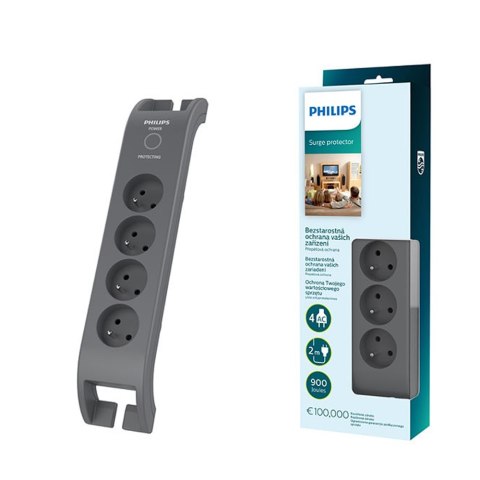 Listwa zasilająca antyprzepięciowa PHILIPS przedłużacz sieciowy 4 gniazda 2m 10A czarna