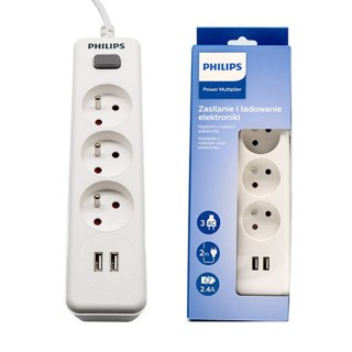 Przedłużacz sieciowy PHILIPS listwa zasilająca 3 gniazda + 2 USB 2m 10A biała