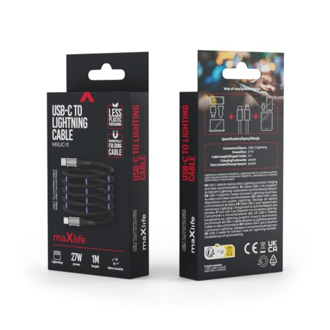 Maxlife kabel magnetyczny MXUC-11 USB-C - Lightning 1,0 m 27W czarny nylonowy