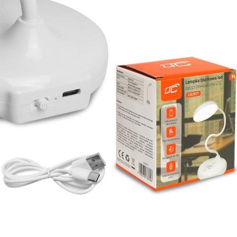 Lampka biurkowa LED 10W, 3000/4500/6000K, ładowanie indukcyjne, dotykowa, ściemniacz, biała, LTC