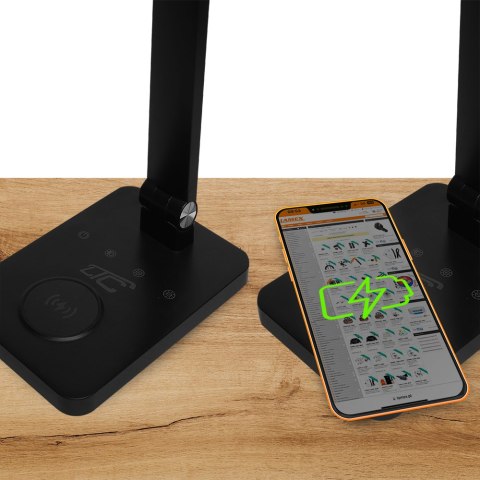 Lampka biurkowa LED 10W, 3000/4500/6000K, ładowanie indukcyjne, dotykowa, ściemniacz, czarna, LTC