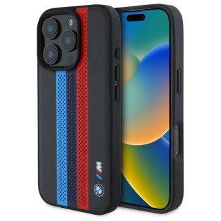 BMW nakładka do iPhone 16 Pro 6,3" BMHMP16L23PUPTK Hardcase M Perf, Tricolor Printed Stripes MagSafe czarna