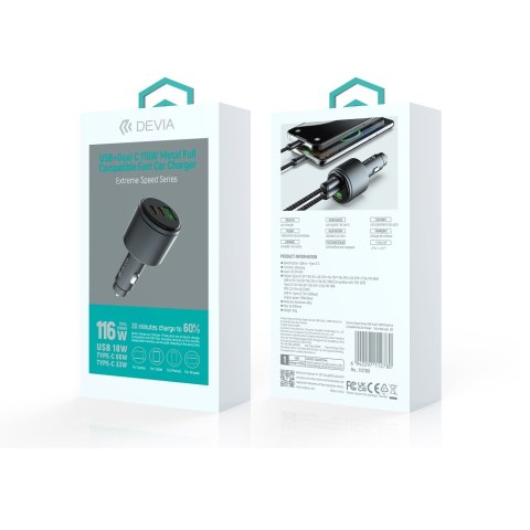 Devia ładowarka samochodowa Extreme Metal PD QC 116W 1x USB 2x USB-C czarna