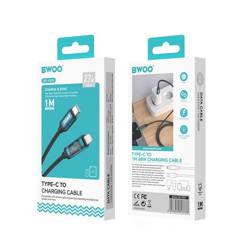 BWOO kabel USB-C - Lightning 1m 27W z wyświetlaczem led pleciony czarny