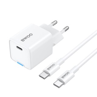 BWOO ładowarka sieciowa PD GaN 30W USB-C z kablem 60W USB-C - USB-C biała