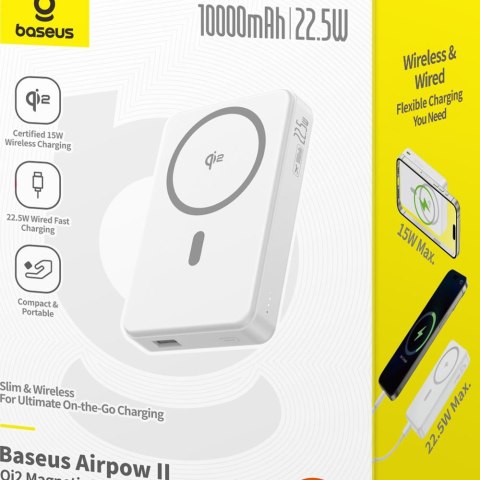 Baseus Powerbank magnetyczny Airpow Qi2 10000mAh 22.5W z kablem USB-C - USB-C biały