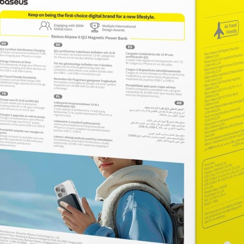 Baseus Powerbank magnetyczny Airpow Qi2 10000mAh 22.5W z kablem USB-C - USB-C czarny