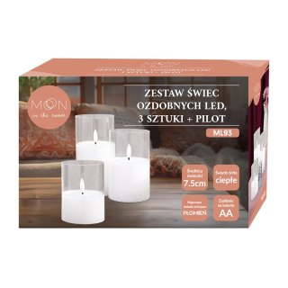 Ozdobne świece LED zestaw 3 szt. białe szkło + pilot