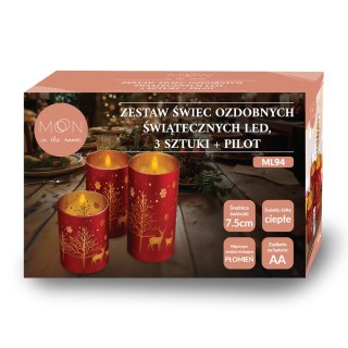 Ozdobne świece LED zestaw 3 szt. świąteczne czerwono-złote + pilot