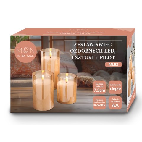 Ozdobne świece LED zestaw 3 szt. złocone szkło + pilot