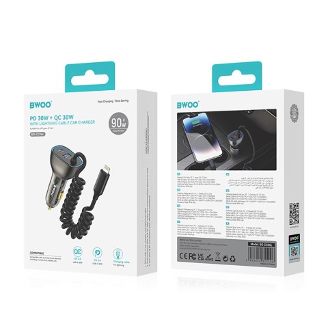 BWOO 30W ładowarka samochodowa PD CC96L 1x USB-C 1x USB z kablem lightning szara