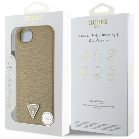 Guess Nakładka HC MagSafe Grained PU Triangle Logo do iPhone 16e Brązowa