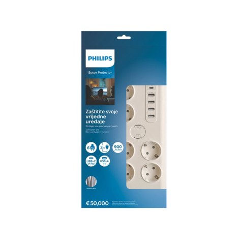 Listwa zasilająca antyprzepięciowa PHILIPS przedłużacz sieciowy 6 gniazd Schuko + 4xUSB-A + 1x USB-C 2m 16A biała