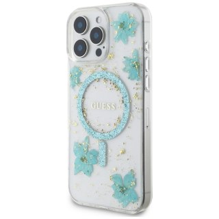 Guess Nakładka HC MagSafe Resin Flowers and Glitter do iPhone 16 Pro Max Turkusowa