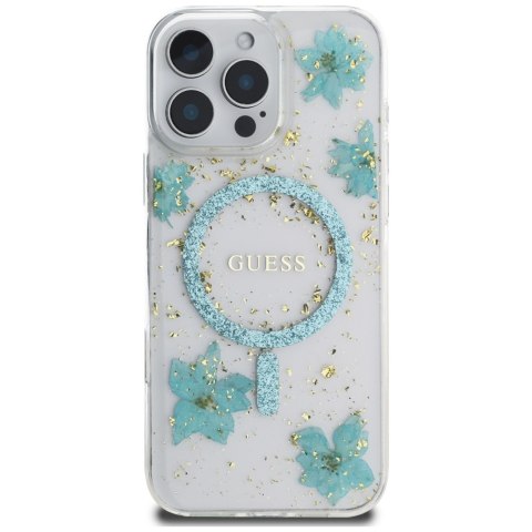 Guess Nakładka HC MagSafe Resin Flowers and Glitter do iPhone 16 Pro Max Turkusowa