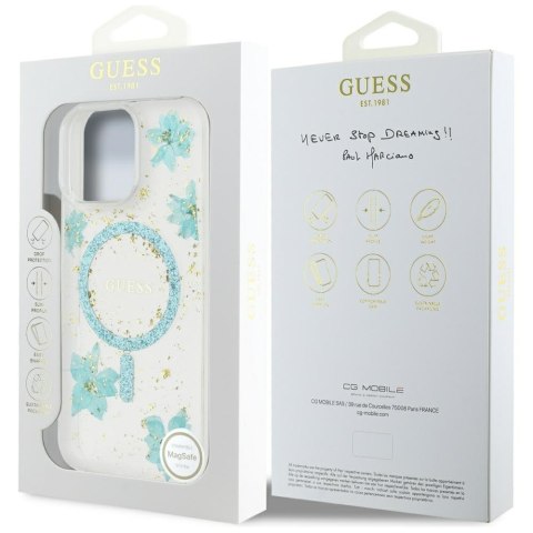 Guess Nakładka HC MagSafe Resin Flowers and Glitter do iPhone 16 Pro Max Turkusowa