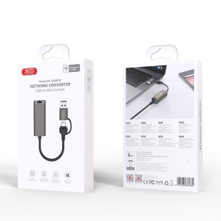 XO adapter HUB HUB018 2w1 USB-USB-C - RJ45 szary