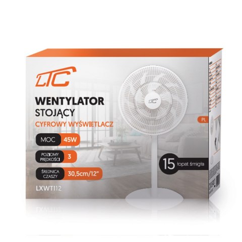 Wentylator stojący WT112 45W 12" cyfrowy wyświetlacz, pilot, oscylacja, biały