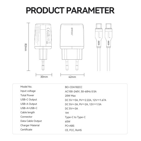 BWOO ładowarka sieciowa CDA182 QC 1x USB-A + 1x USB-C 3,8A 38W z kablem USB-C 1 m biała