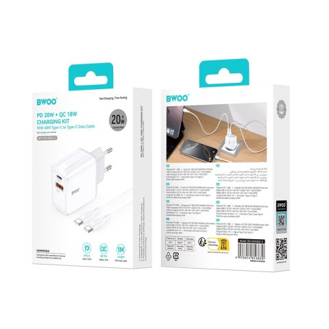BWOO ładowarka sieciowa CDA182 QC 1x USB-A + 1x USB-C 3,8A 38W z kablem USB-C 1 m biała