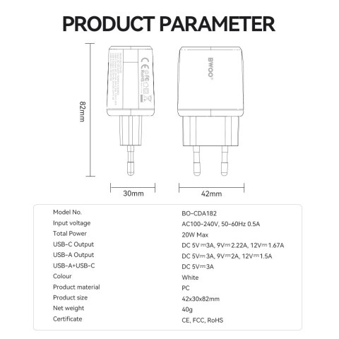 BWOO ładowarka sieciowa CDA182 QC 38W 1x USB-A + 1x USB-C biała