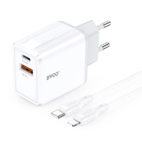 BWOO ładowarka sieciowa CDA182 QC 38W 1x USB-A + 1x USB-C z kablem USB-C-Lightning 1 m biała