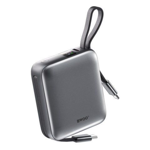 BWOO power bank P73 22.5W 10000 mAh z 2 wbudowanymi kablami 1 x USB-C 1 x Lightning srebrny